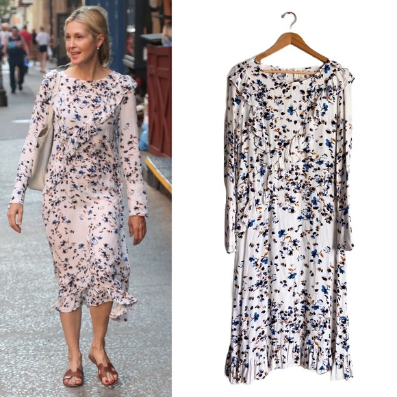 Treasure & Bond Dresses & Skirts - Treasure & Bond Floral Midi Ruffle Long Sleeves Dress White Blue Orange Celeb M